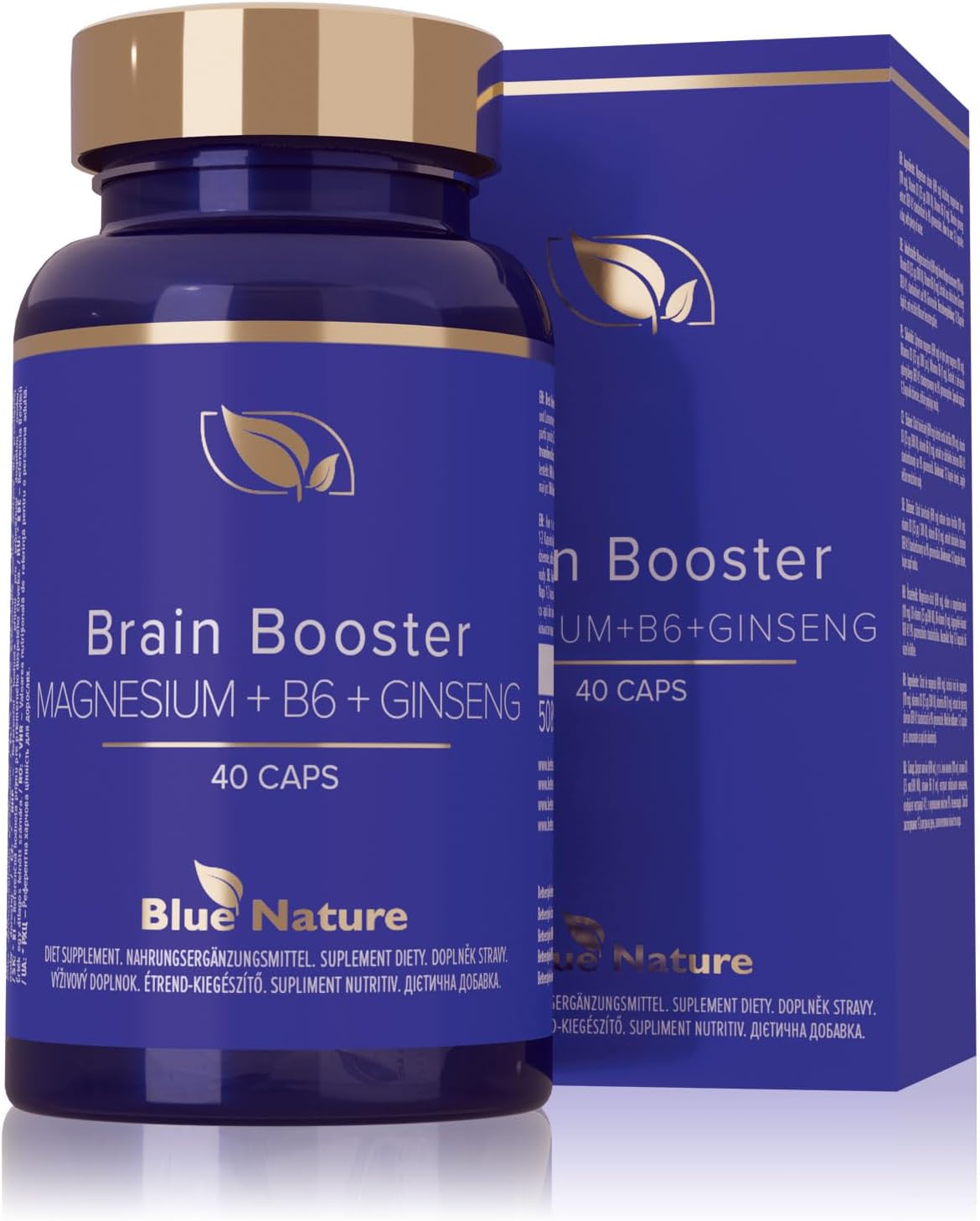 Blue Nature Brain Booster: Premium Cognitive Support – Magnesium, B6, Ginseng & Vitamin D Blend for Mental Clarity, Focus & Stress Relief- 40 Vegetarian Capsules