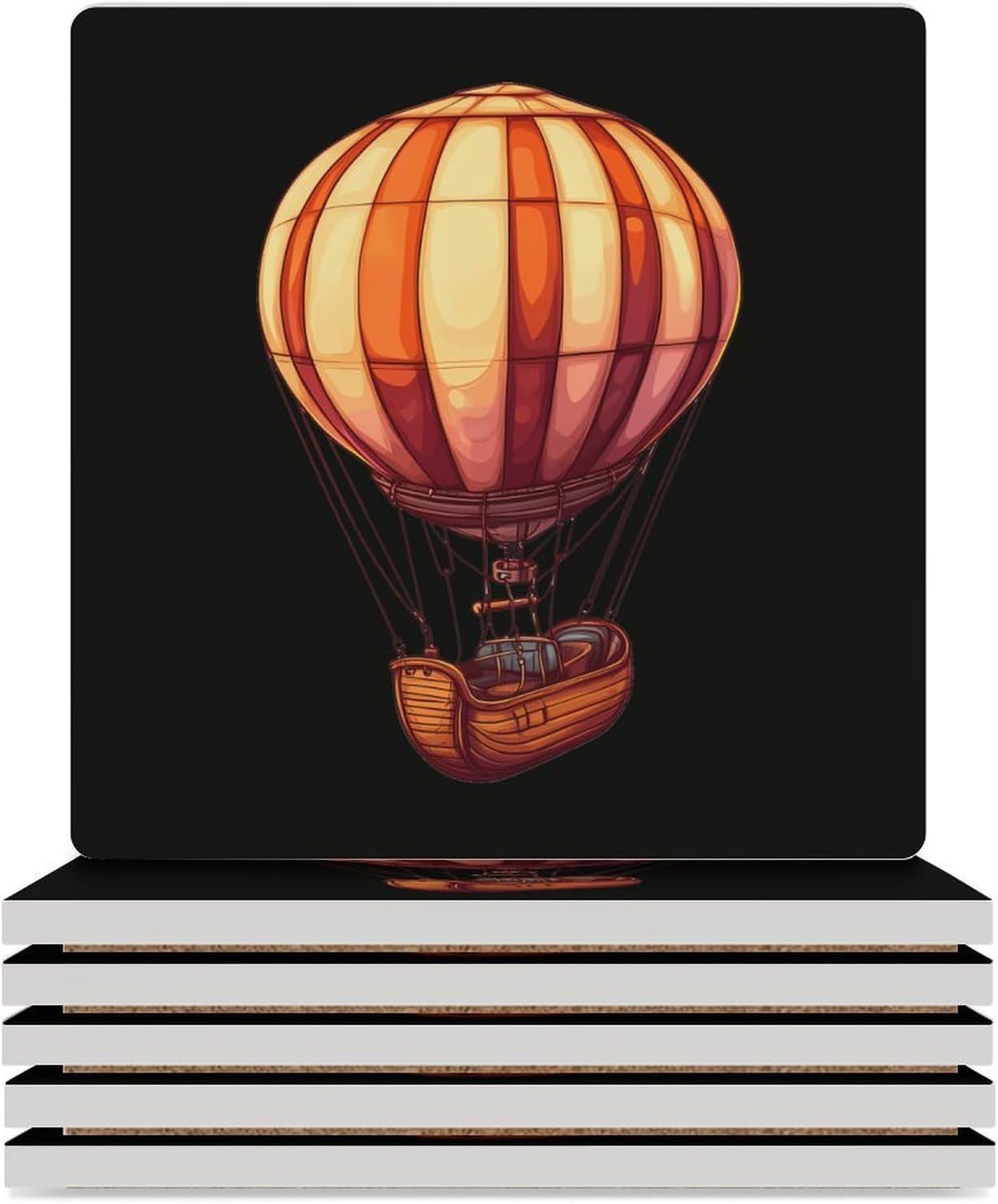 Hot Air Balloon Airship Coasters for Drinks Square Table Coasters Set Cup Mats with Cork Base