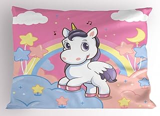 Ambesonne Feminine Pillow Sham, Unicorn with Rainbow and Music Notes Clouds in The Sky Art Print, Decorative Standard King Size Printed Pillowcase, 36