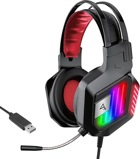 AirSound Alpha-5 Stereo Gaming Headset for Noise Cancelling Over-Ear Headphones with Mic, RBG LED, Bass Surround, Soft Memory Earmuffs for All Laptop