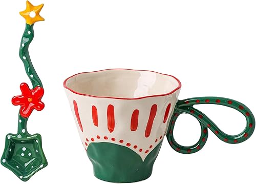 Regalos de Navidad para niños, taza de café de cerámica de 12 onzas con asa, taza de té alta con cucharas, lindas tazas de porcelana para niños,