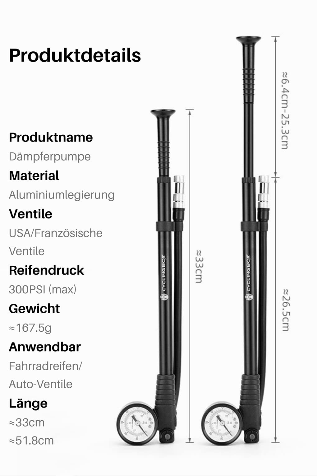 E-Bike Fahrradpumpe Barometer Dämpferpume Hochdruck Luftpumpe Gabel Pumpe Fahrrad Ventilpumpe Schrader-Ventil Presta-Ventil 300 PSI (20 Bar) Druckleistung Druckknopf-Entlüftungsventil