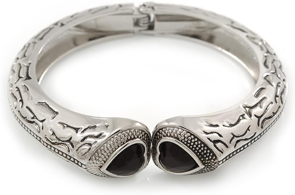 Vintage Inspired Double Heart Etched Hinged Bangle Bracelet In Silver Tone - 18cm L