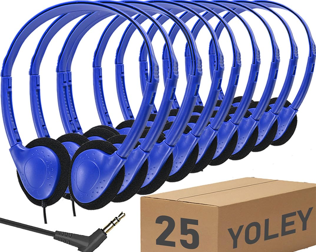 Yoley Classroom Headphones Bulk 25 Pack Class Set for School Students Kids and Adult -Sturdy Wired 3.5mm Plug (Blue, 25 Pack)
