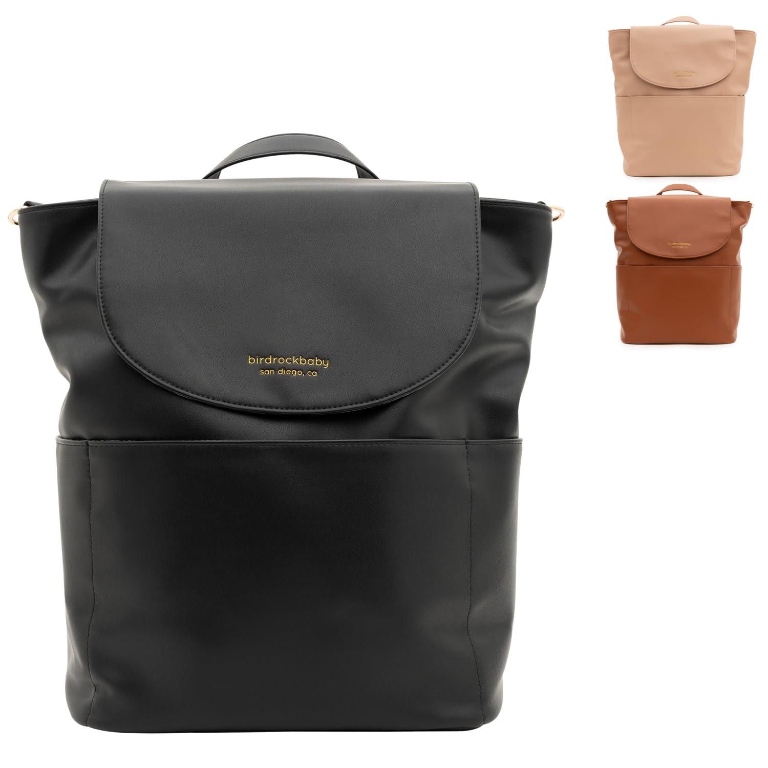 BirdRock Baby Seaside Diaper Bag Backpack - Stylish Vegan Leather, Large Capacity Travel Diaper Bag for Women (Black)