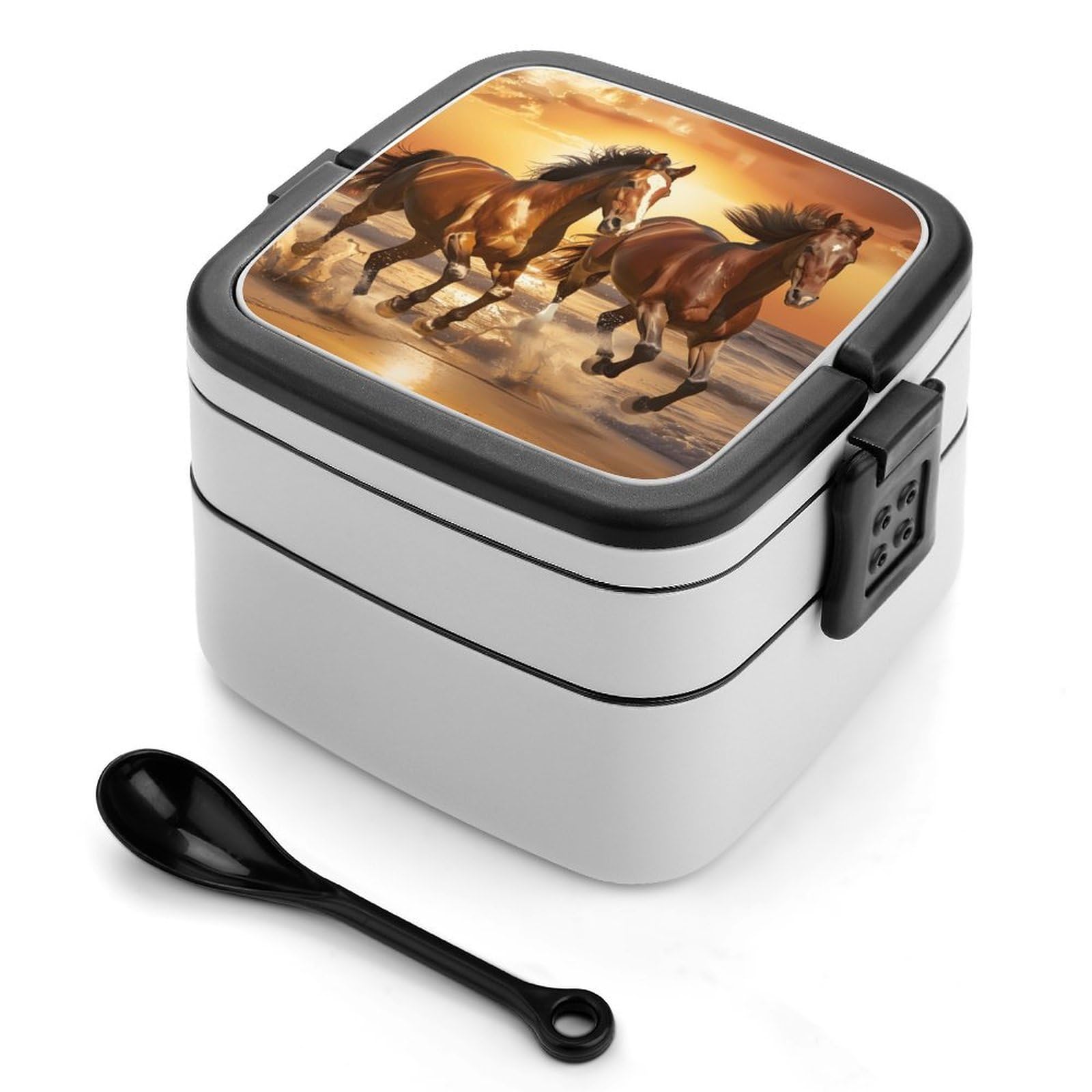 CGSBNGHA Wild Horses Running on The Beach Bento Lunch Box 2 Layer Lunchbox Food Container for Adults Office