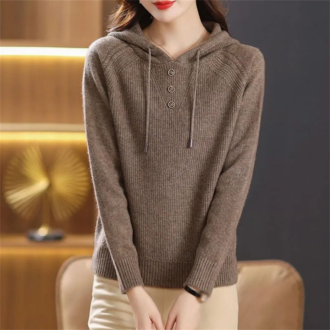 Women's Hooded Knitted Sweater Loose Casual Solid Color Sweater Coat Long Sleeve Vintage Woolen Pullover