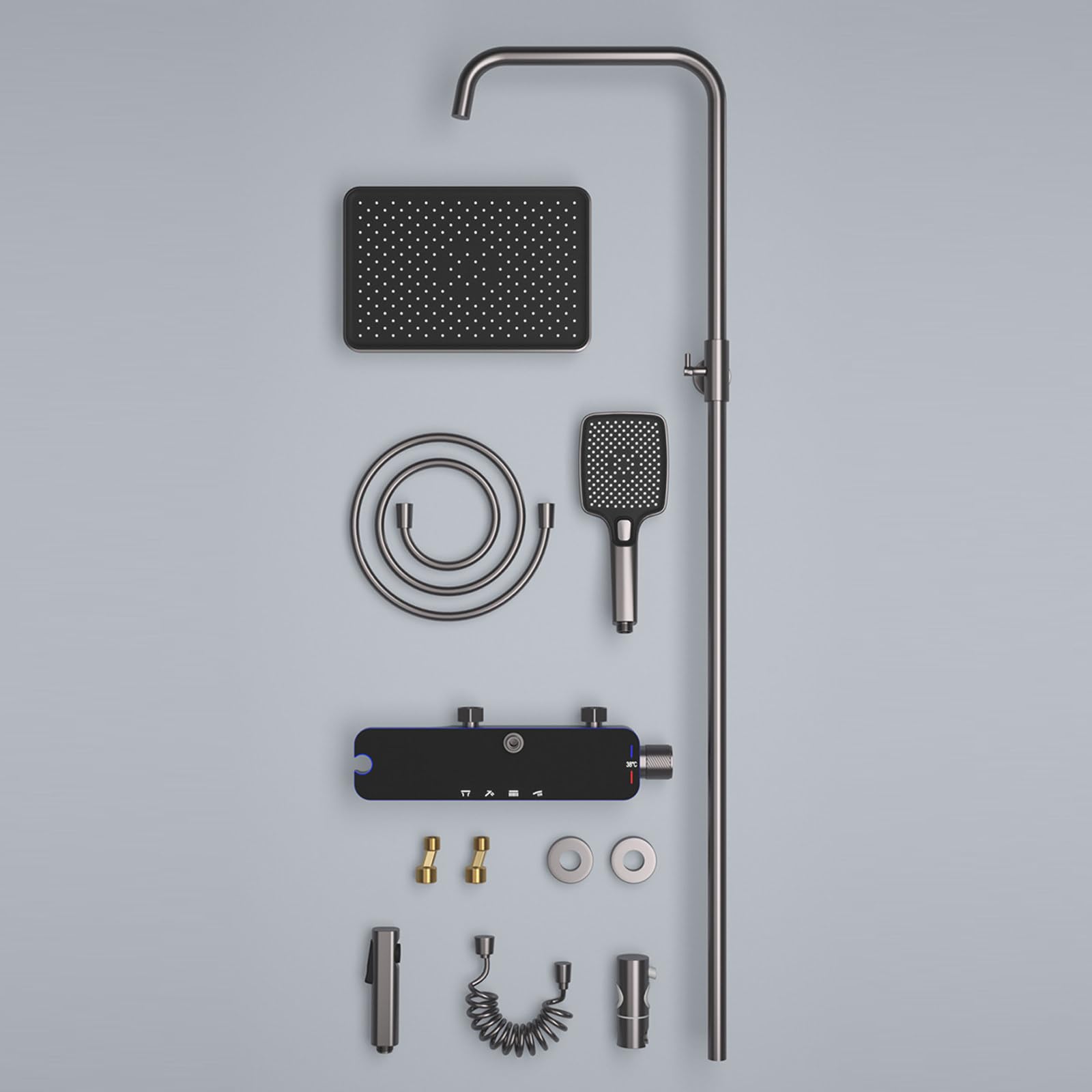 Set Doccia termostatico a 4 funzioni con Rubinetto e Display Digitale, soffione da 12", doccetta, doccetta per Bidet, beccuccio per Vasca, Grigio