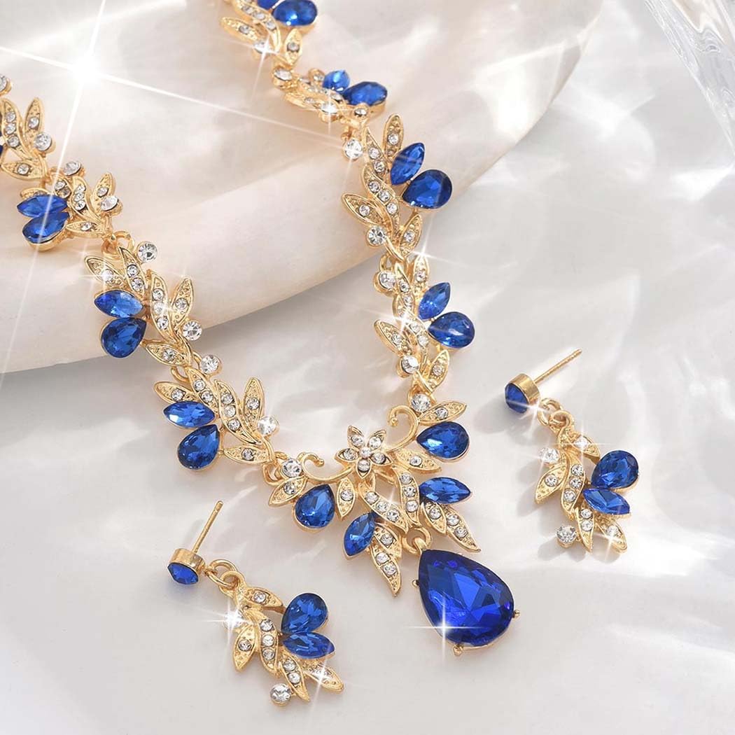 Unicra Rhinestone Bridal Wedding Jewelry Sets Gold Necklace Earrings Set Leaf Prom Formal Costume Jewelry Set for Women and Brides - Image 4