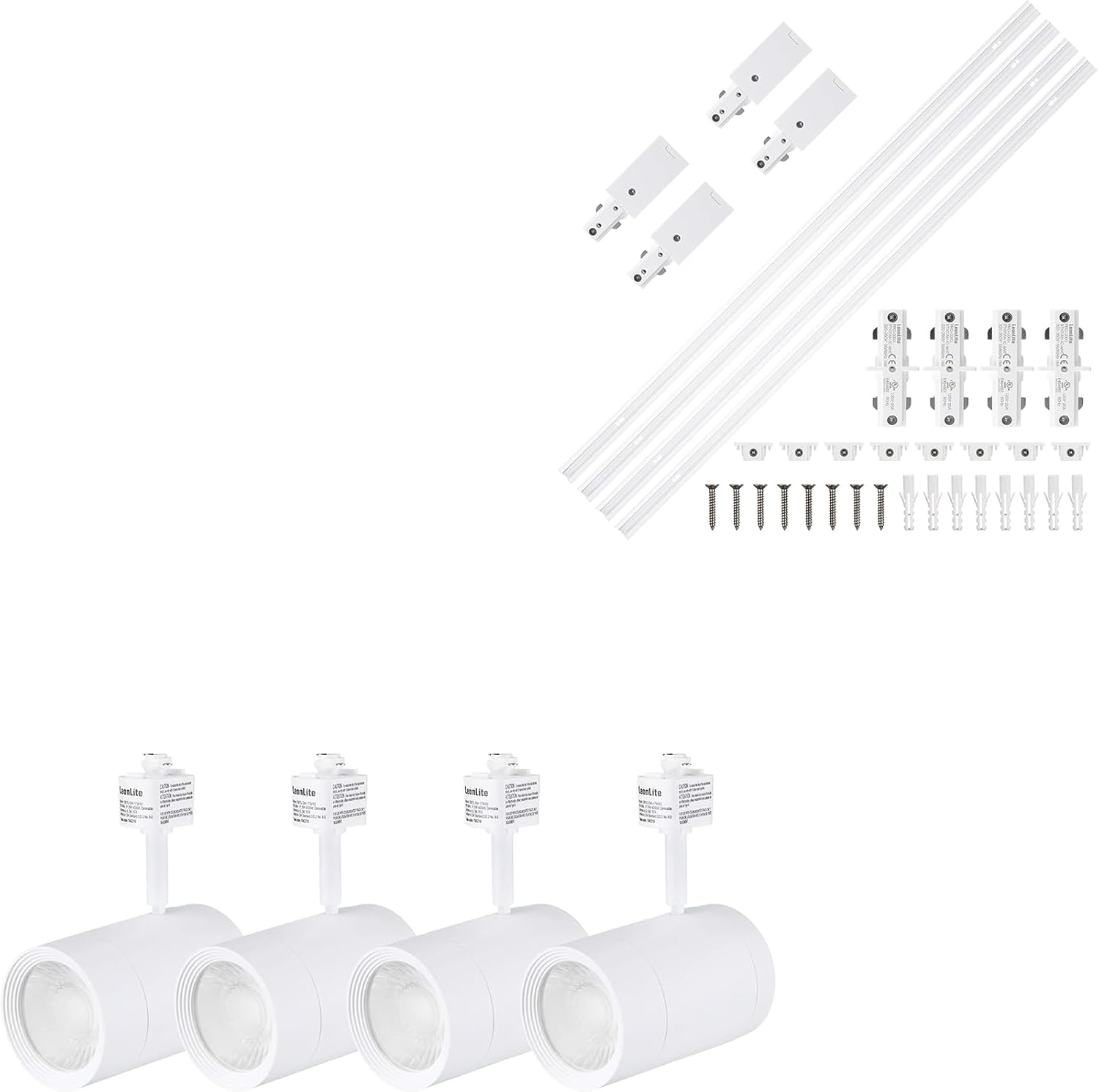 LEONLITE Track Lighting Head Bunlde H Track Rail Kit, 4-Pack 17.5W Dimmable Track Light Heads, ETL Listed, 3000K & 16FT H Type Track Lighting Rails, UL Listed, Flame Retardant Material, White