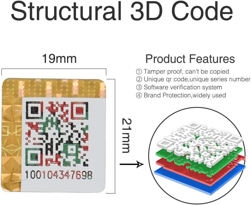 1000 Units 19x21mm Gold Security Label 3D Anti-counterfeiting Qr Code Stickers Scratch Off Can be Verify with Serial Number,Tamper Evident Universal Stickers for Brand Product Protection