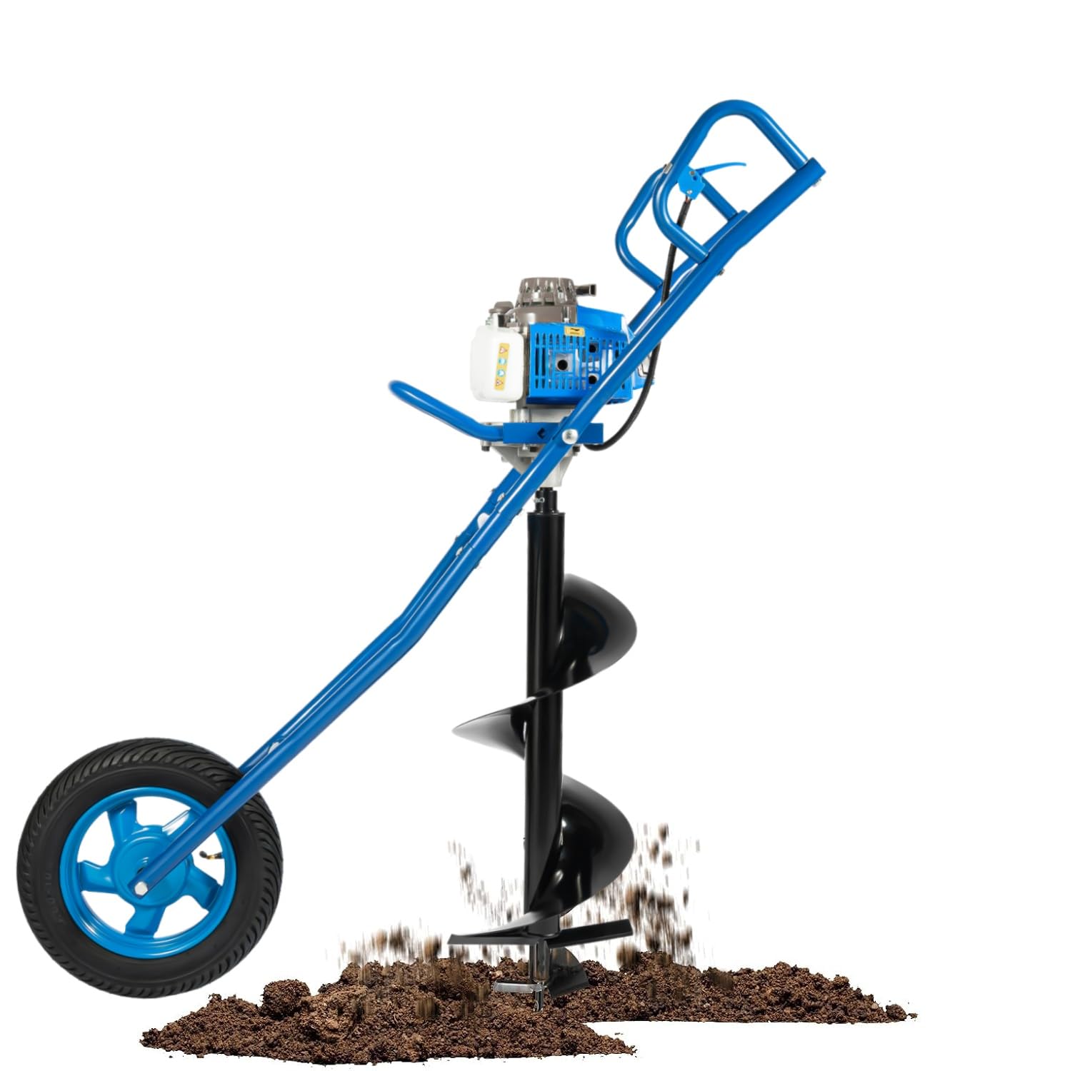 Benzin Erdbohrer 63CC 2-Takt 3 PS Erdlochbohrer mit Handwagen & 30cm Bohrer, 11" Schubkarren Erdbohrer – Benzin Bodenbohrer Pfahlbohrer 8800 U/min für Garten Landwirtschaft Zaunbau (Blau)
