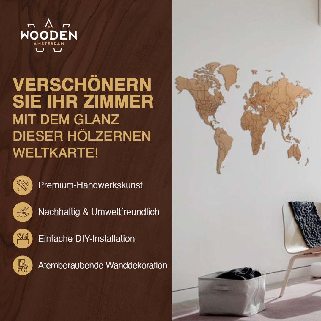 Weltkarte Holz DIY | 130 x 78 cm Wanddeko aus FSC-zertifiziertem HDF | 48 Pins & 25 Inseln zur Personalisierung | Weltkarte zum Pinnen Geschenkidee (Eiche)