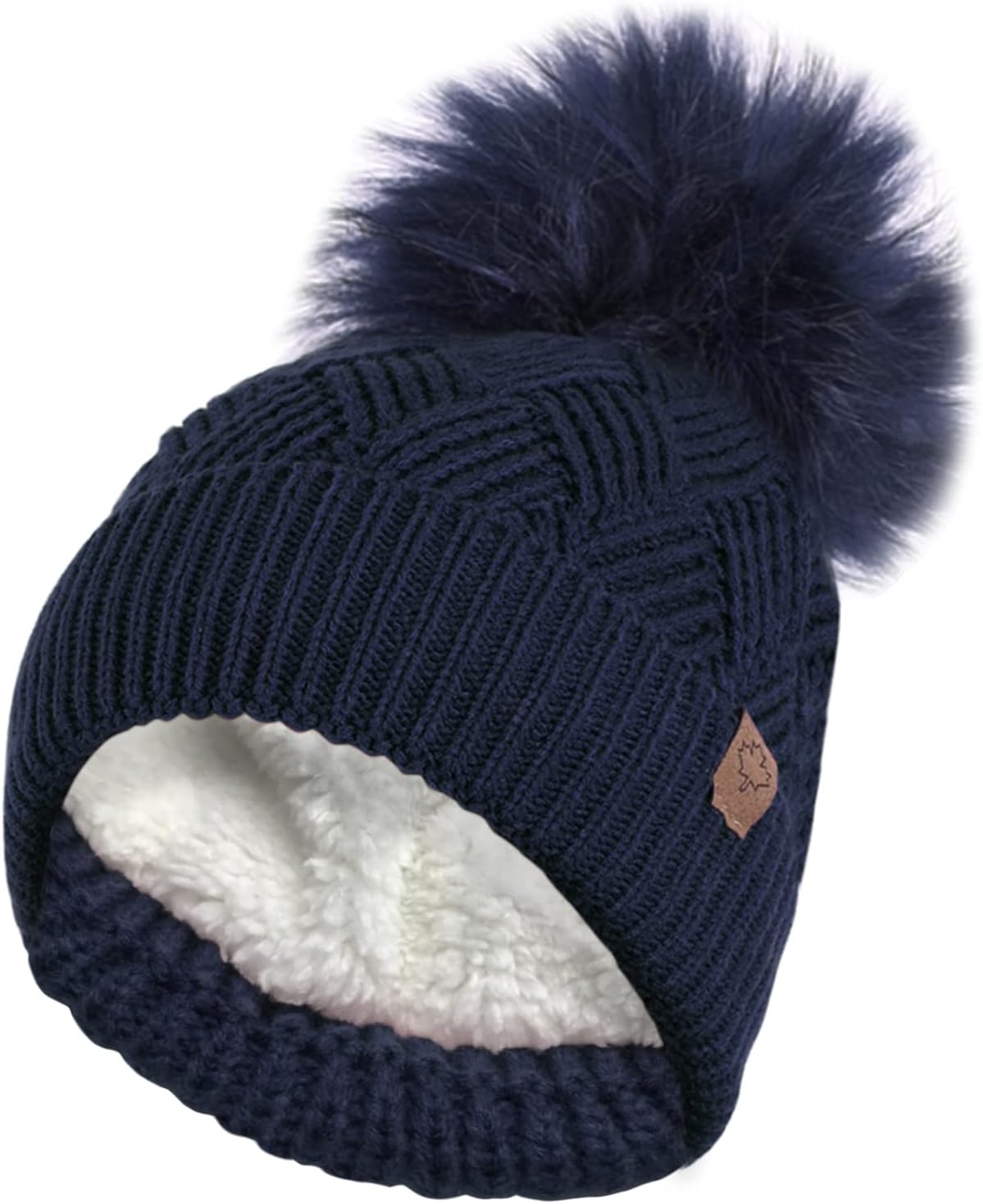 RockJock Ladies Warm Chunky Diamond Cable Knit Hat with Thermal Teddy Fleece Lining and Detachable Faux Fur Pompom