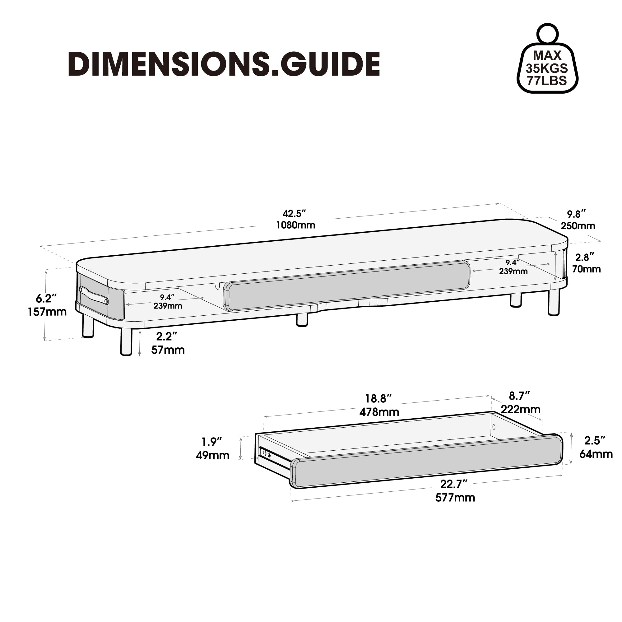 Fenge Réhausseur d'Écran avec Grand Tiroir, 108cm Support de Dual Moniteurs avec Poignée en Cuir, Ergonomique Support Ecran Bureau Pour Chambre/Bureau/Salon, 108x25x15,7cm, Charge de 35kg, (Marron)