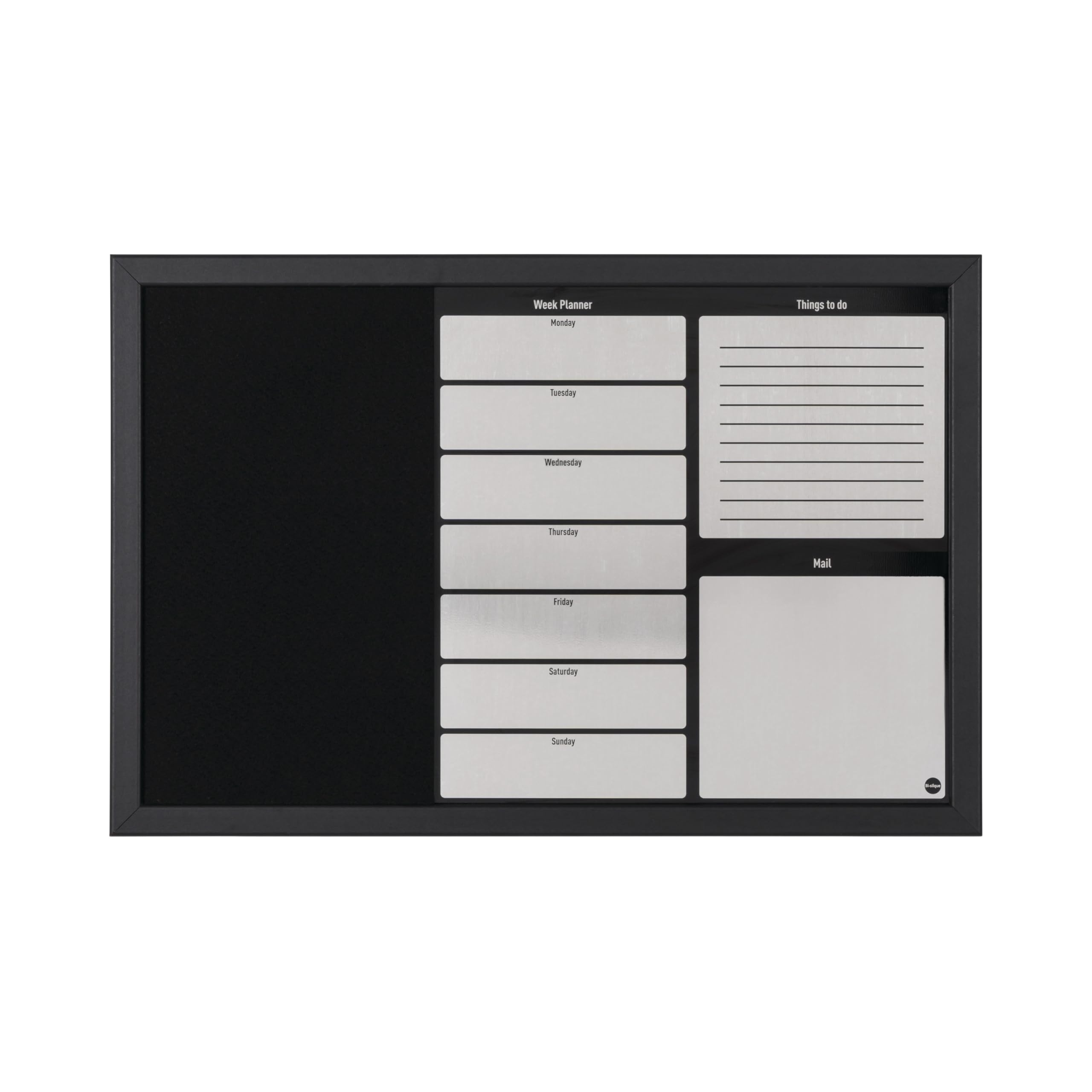 Bi-Office - Organizador Semanal Combinado, 60 x 40 cm, Pizarra de Planificación Semanal Magnetica Plateada y Tablón de Anúncios de Fieltro Negro con Marco MDF Negro