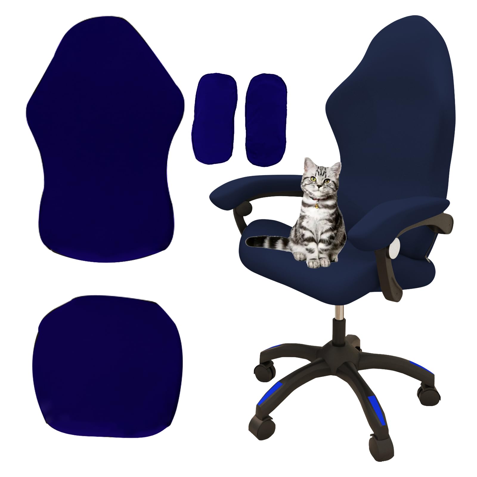 Yixinly Funda para silla de gaming, 4 unidades, funda para silla de oficina, elástica, extraíble, lavable, antideslizante, para silla de ordenador, silla de gaming, silla giratoria (azul oscuro)