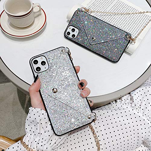 Omorro for iPhone 12 Pro Max Wallet Case, Bling Diamond Case with Credit Card Holder Slot Crossbody Chain Handbag Purse Glitter Crystal Shiny Rhinestone Protective Cover Girly Case White - Thumbnail 4