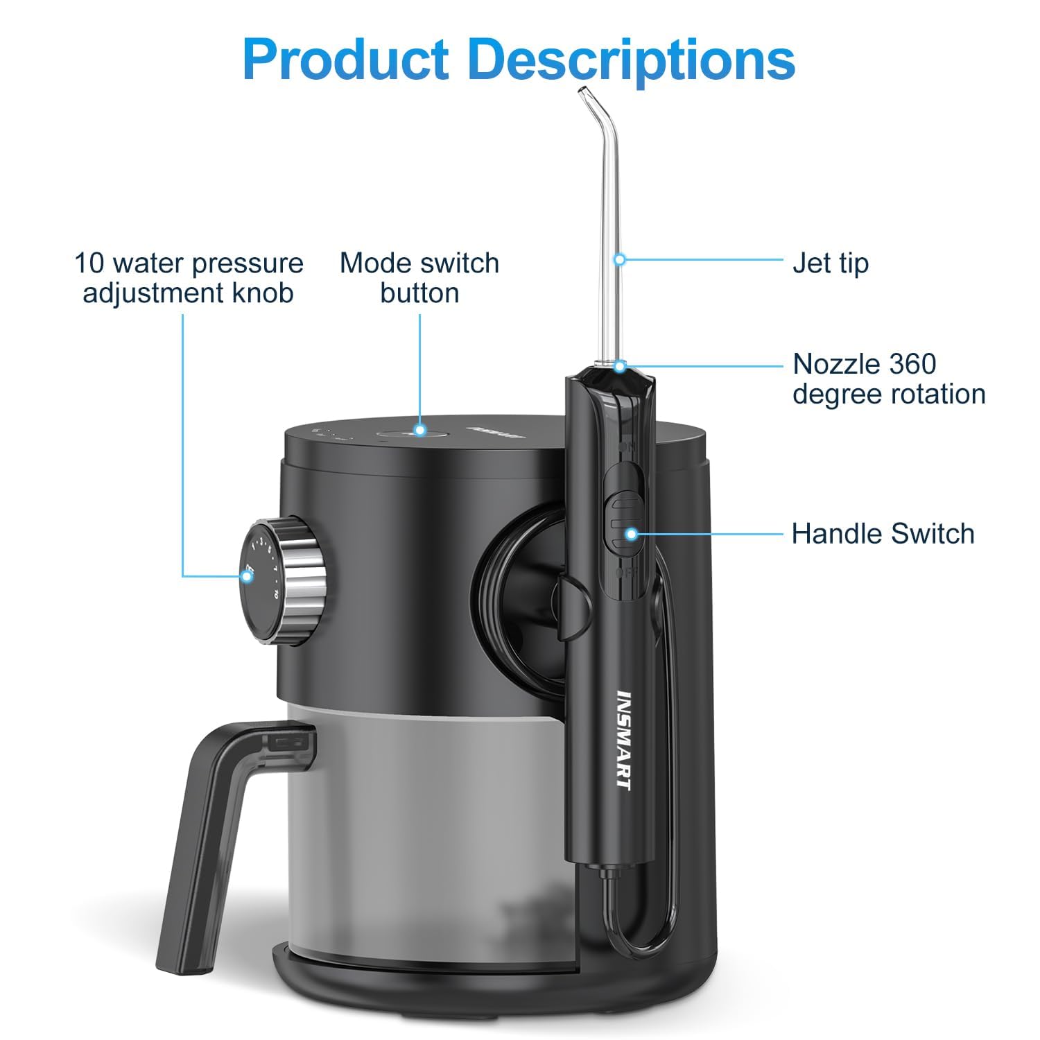 INSMART Idropulsore professionale per denti/gengive/parentesi, 10 livelli di pressione, 8 punte a getto d'acqua per la famiglia, 600 ml, irrigatore dentale elettrico per la pulizia dei denti
