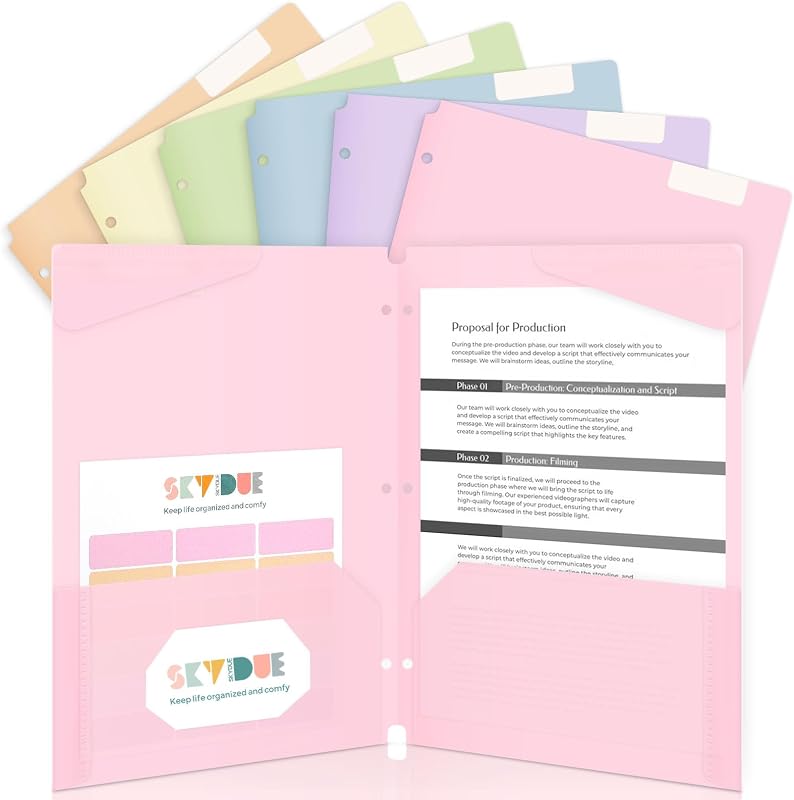 SKYDUE Plastic Folders with Pockets, 6 Pack File Folders with Tabs & Stay-Put Flaps, 3 Hole Punch 2 Pocket Folders for 3 Ring Binder, Letter Size Document Organizer for School Office, Sweet Pastels