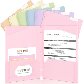 SKYDUE Plastic Folders with Pockets, 6 Pack File Folders with Tabs & Stay-Put Flaps, 3 Hole Punch 2 Pocket Folders for 3 Ring Binder, Letter Size Document Organizer for School Office, Sweet Pastels