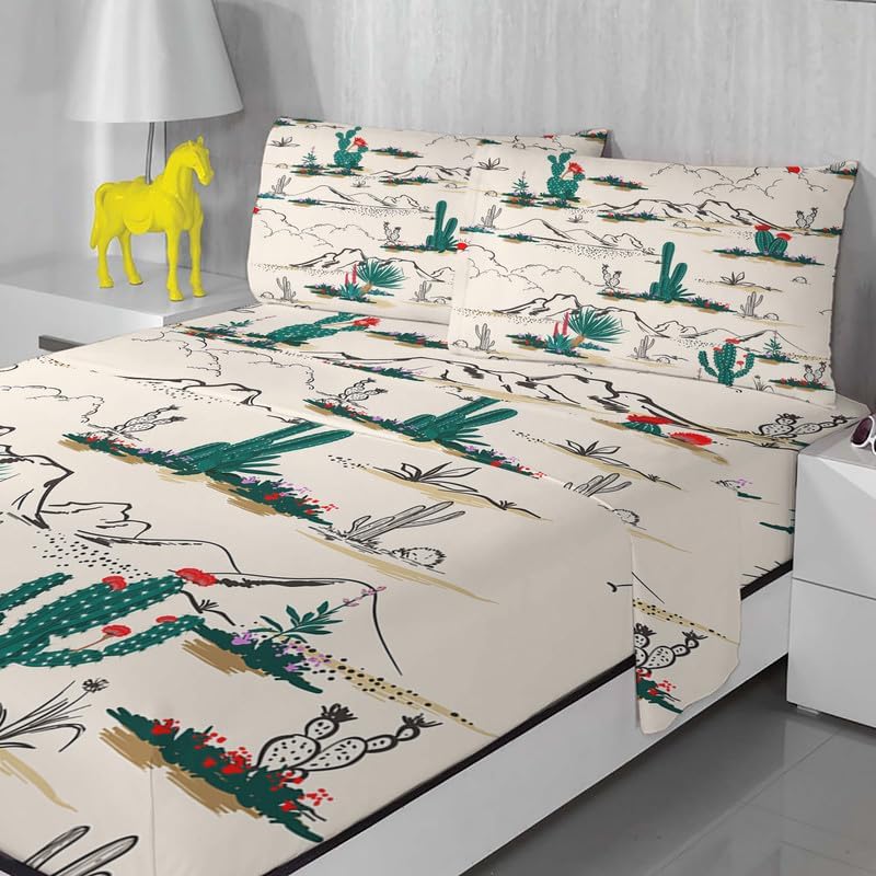 Sábanas de cactus tamaño Queen  Sábanas de paisaje de 4 piezas y bolsillo profundo de 16 pulgadas, sábanas de microfibra suave de 600 hilos sin