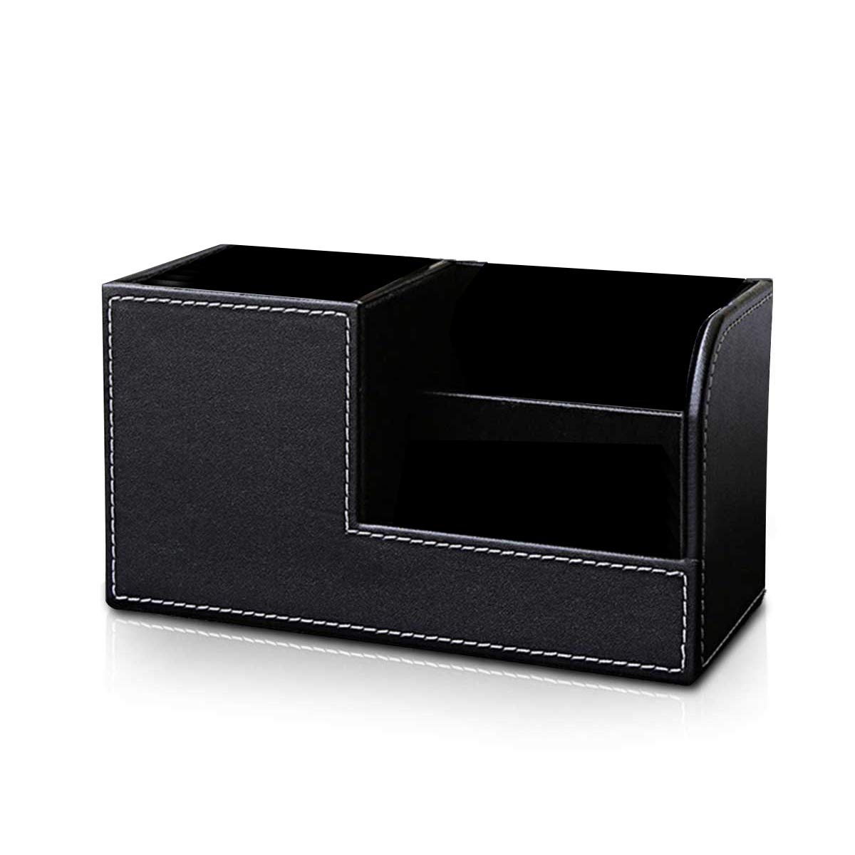 Organiseur de Bureau Porte-Crayons Tasse Crayon Pot à Crayons Porte-Stylo Boîte de Organisateur Rangement Cuir avec 3 Compartiments Cosmétique Supports Noir