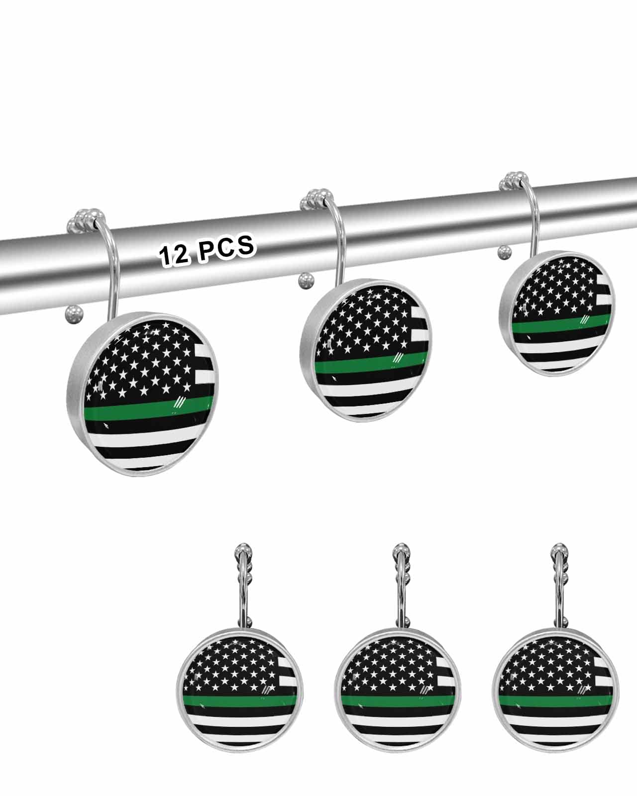 Shower Curtain Hooks for Bathroom, Green Line Flag Border Patrol, Park Ranger Conservation Officer Stainless Steel Rust-Proof Shower Hooks Crystal Glass Shower Curtain Rings for Bathroom - Set of 12