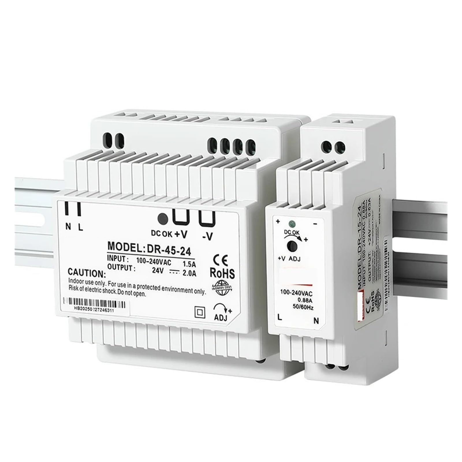 15 W, 30 W, 45 W, 60 W, pojedyncze wyjście, DC 5 V, 12 V, 24 V, przemysłowy zasilacz szynowy, wejście przełącznika 100-240 V AC, DR-15, DR-30, DR-45, DR-60