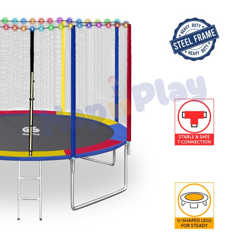 Image of Hop N Play Festive Edition 14 feet Heavy-Duty Jumping Trampoline for Adults & Kids with Safety Net, Remote-Control Waterproof LED Lights- Perfect for Indoor & Outdoor, Bouncer, Supports Upto 250kg