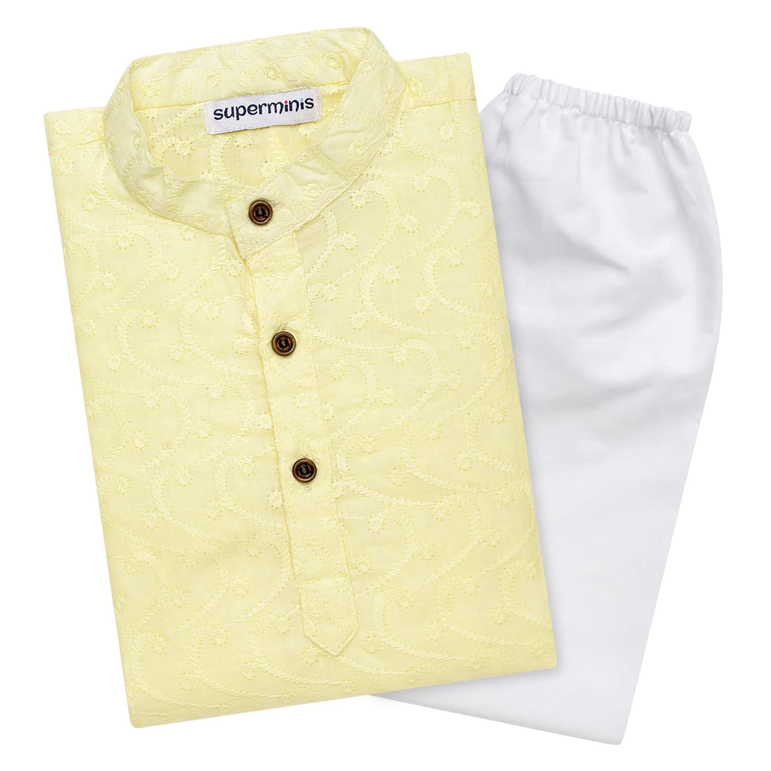 superminis Baby Boys Ethnic Wear Colored Cotton Chikankari Kurta, Round Collar, Full Sleeves With White Pyjama