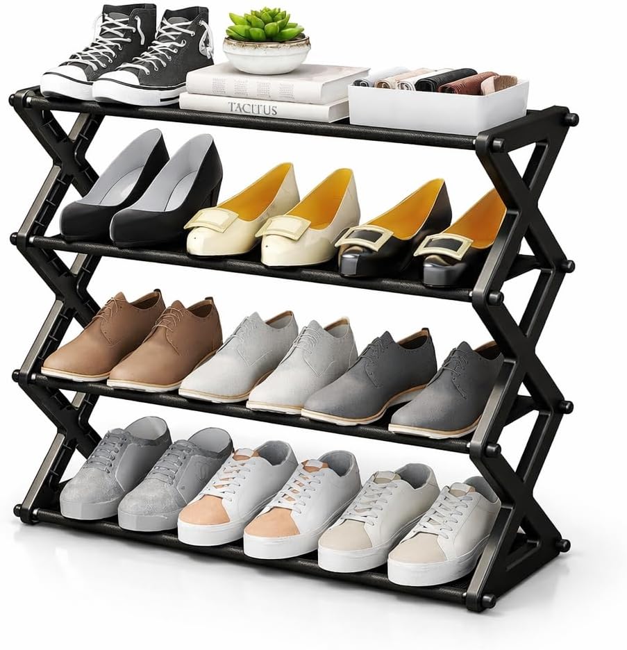 3 Tier Shoe Rack, Space Saving Shoe Storage Cabinet, Fits Up to 6 Pairs - Metal Storage Shoe Organizer, Durable & Easy to Assemble, Stackable Shoe Shelf, for Hallway, Living Room and Bedroom - Black