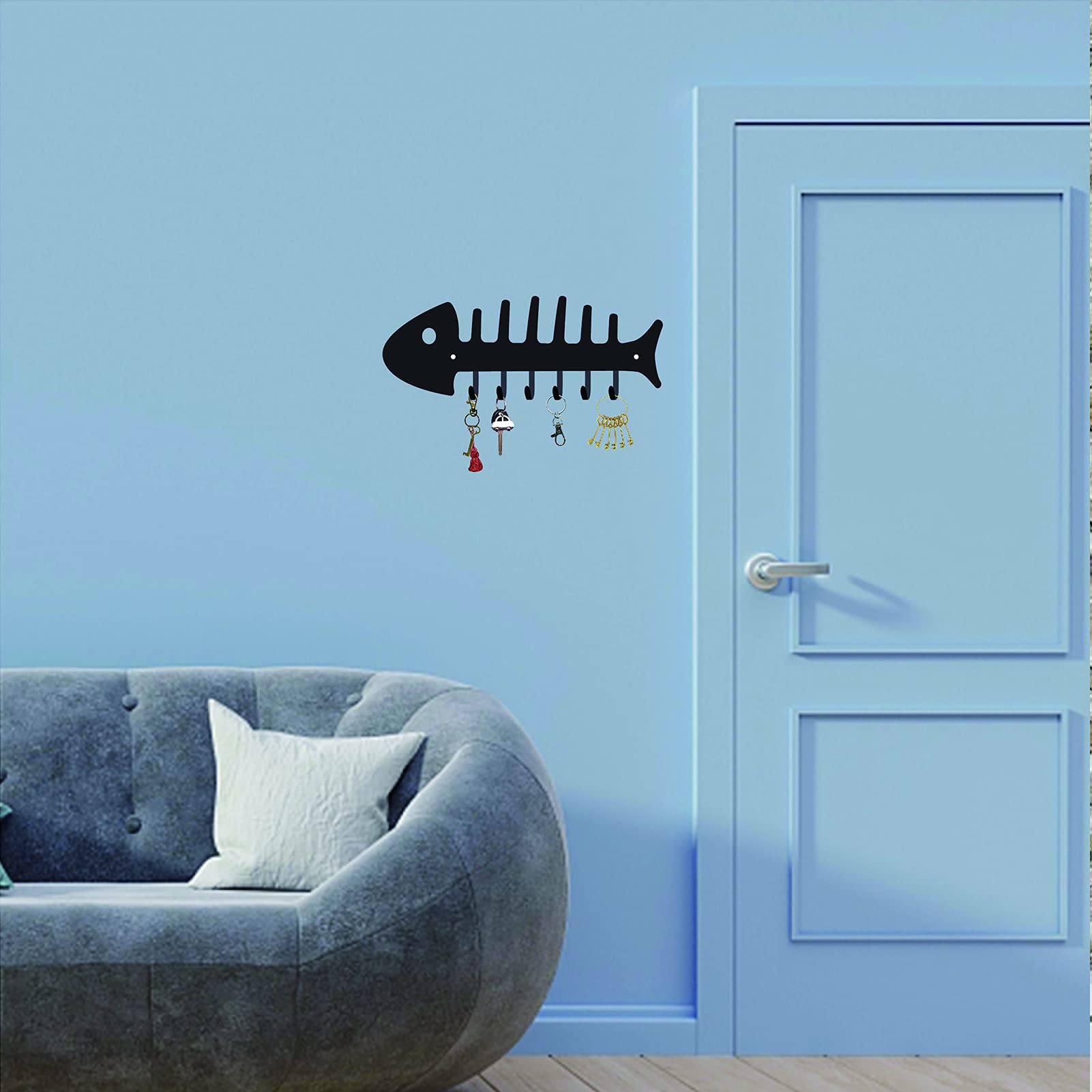 CREATCABIN Appendiabiti Da Parete Portachiavi In Metallo Appendiabiti Decorativo In Metallo con Design A Forma di Lisca di Pesce Organizer Rack con 6 ganci per Parete, Bagno, Cucina, Ingresso