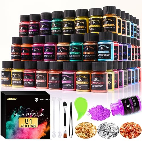 CHANGTIKEJI Mica Powder - 81 Colors - 10g/Bottle of Natural Pigment Powder for Epoxy ResinSoap MakingCandle Making Car Freshies Dye Nail Polish Bath Bombs