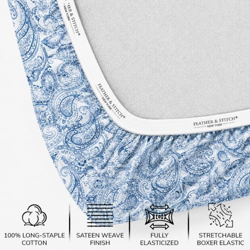 Image of Feather & Stitch Printed 500 TC Split King Size Sheet Set, 5 Piece Bed Sheets Set, 2 Twin Fitted Sheet, 1 King Flat Sheet & 2 King Pillowcases, 18 inch Deep Pockets Sateen Weave - Classic Blue Paisley