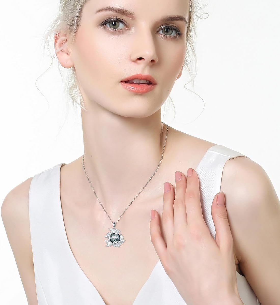 Moss Agate Necklace S925 Unique Animal Theme Pendant with Natural Moss Agate Dainty Black Cat/Frog/Owl/Giraffe Necklace Anniversary Birthday Christmas Jewelry Gifts for Women - Image 2