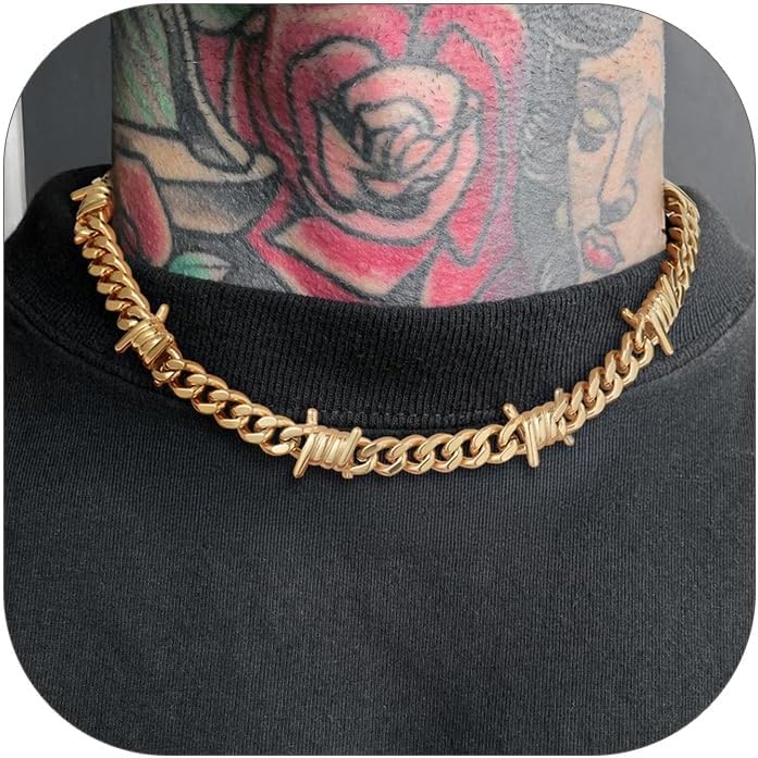 ChainsHouse Barbed Wire Necklace Punk Thorns Chain Necklace for Men Women, 5/6/7/9/12MM Wide Stainless Steel/Black Metal/Gold Plated Hiphop Rock Jewelry, 18-22 Inches