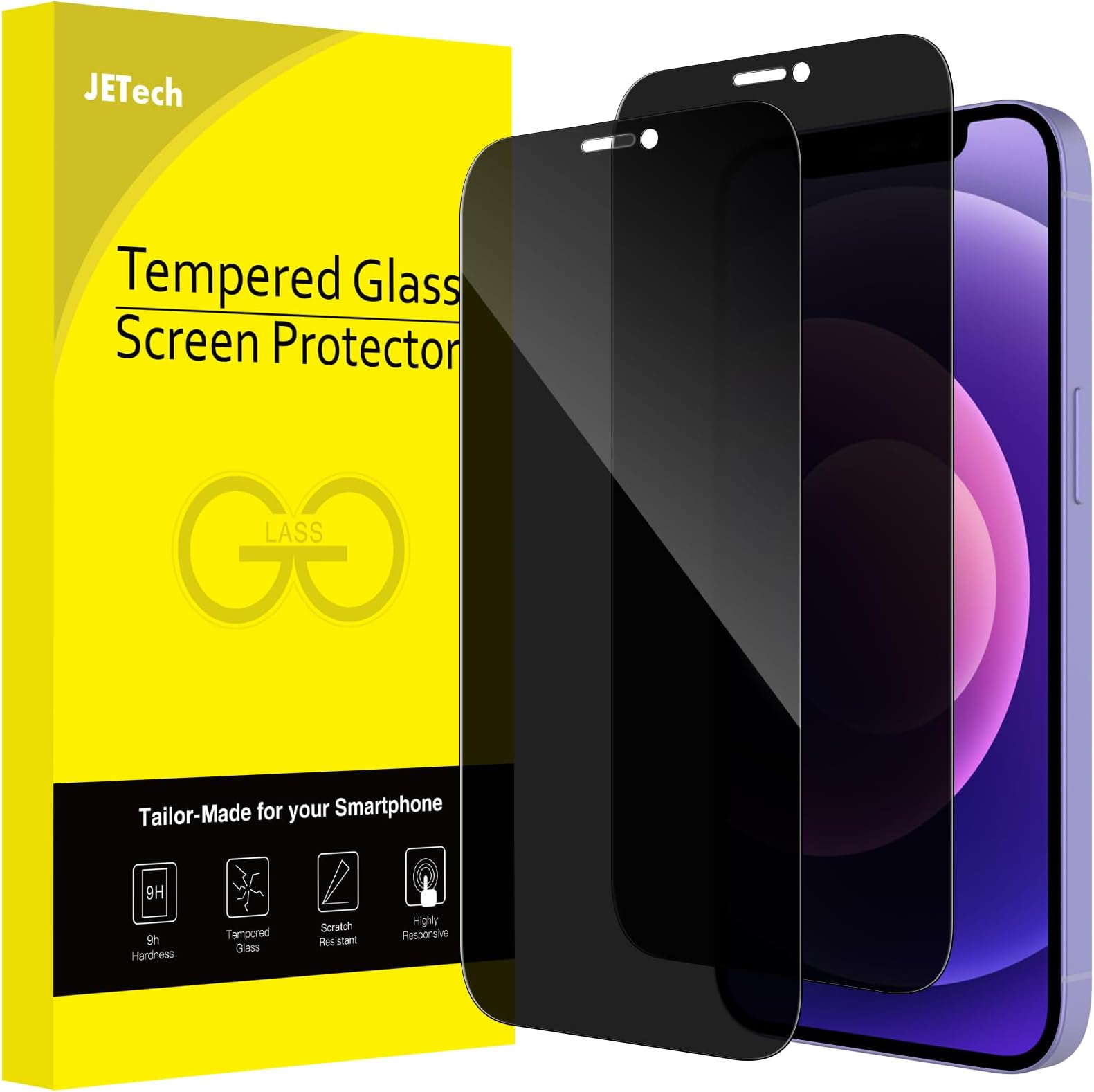 JETech Privacy Full Coverage Screen Protector for iPhone 12/12 Pro 6.1-Inch, Anti-Spy Tempered Glass Film, Edge to Edge Protection Case-Friendly, 2-Pack