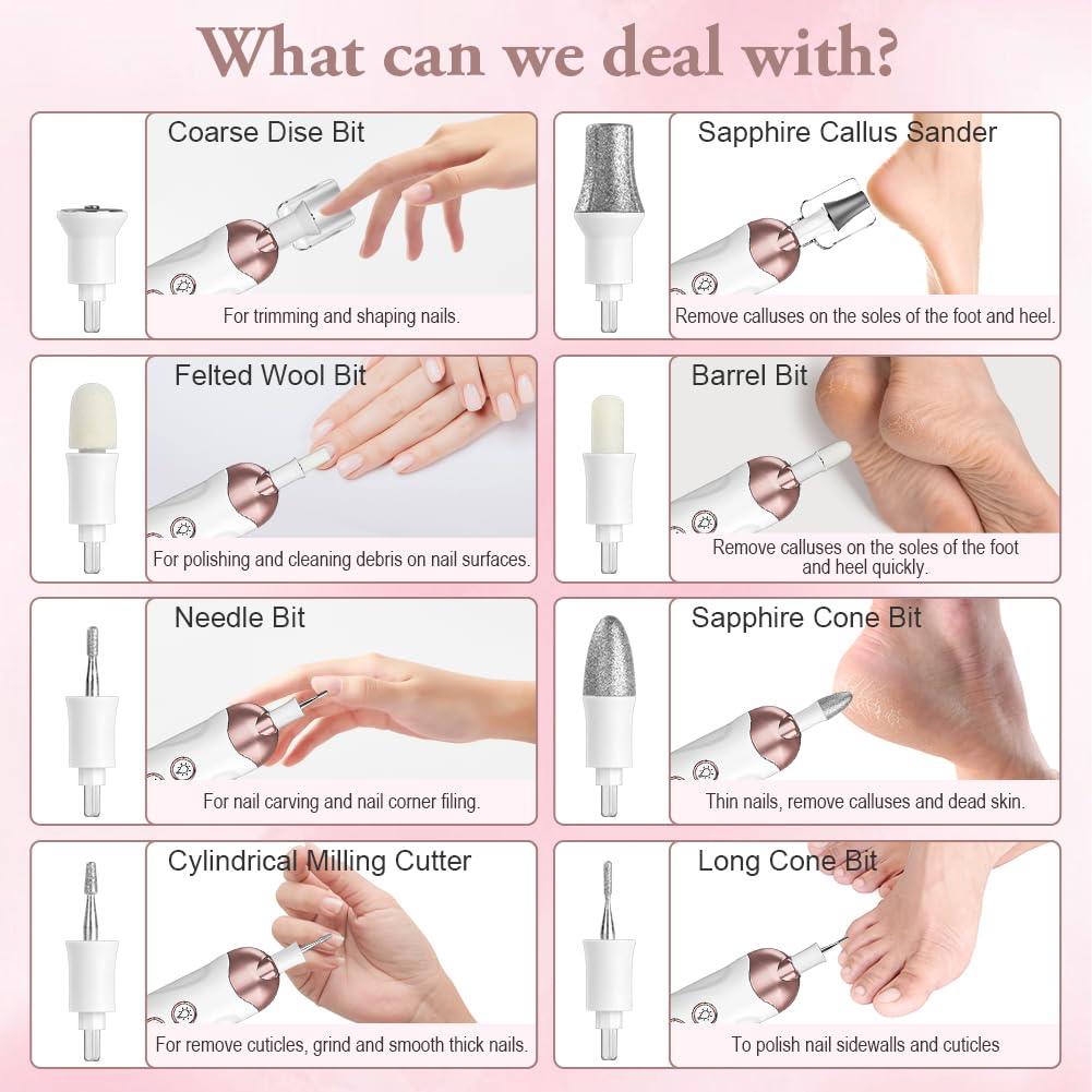 Set De Manucure/Pédicure, Kit De Soin Des Ongles Électrique, Ponceuse Pour Ongles Avec 8 Embouts, 5 Vitesses Et Deux Sens De Rotation, Ensemble Manucure/Pédicure Pour Le Soin Mains Et Pieds