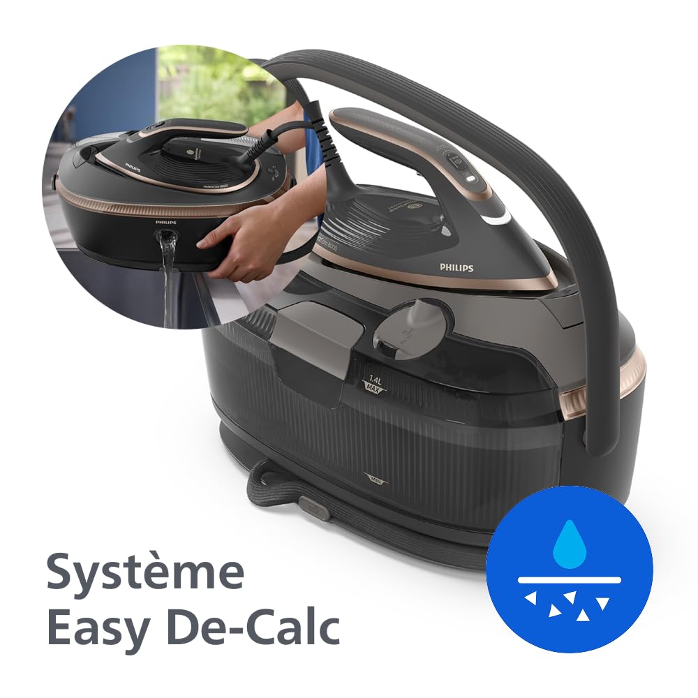 Philips PerfectCare Centrale vapeur Série 8000 – Boost vapeur 215g, Transport et rangement faciles, OptimalTEMP, SteamGlide Elite, 1,4L, Easy De-Calc, Sans brûlure garanti (PSG8200/80)