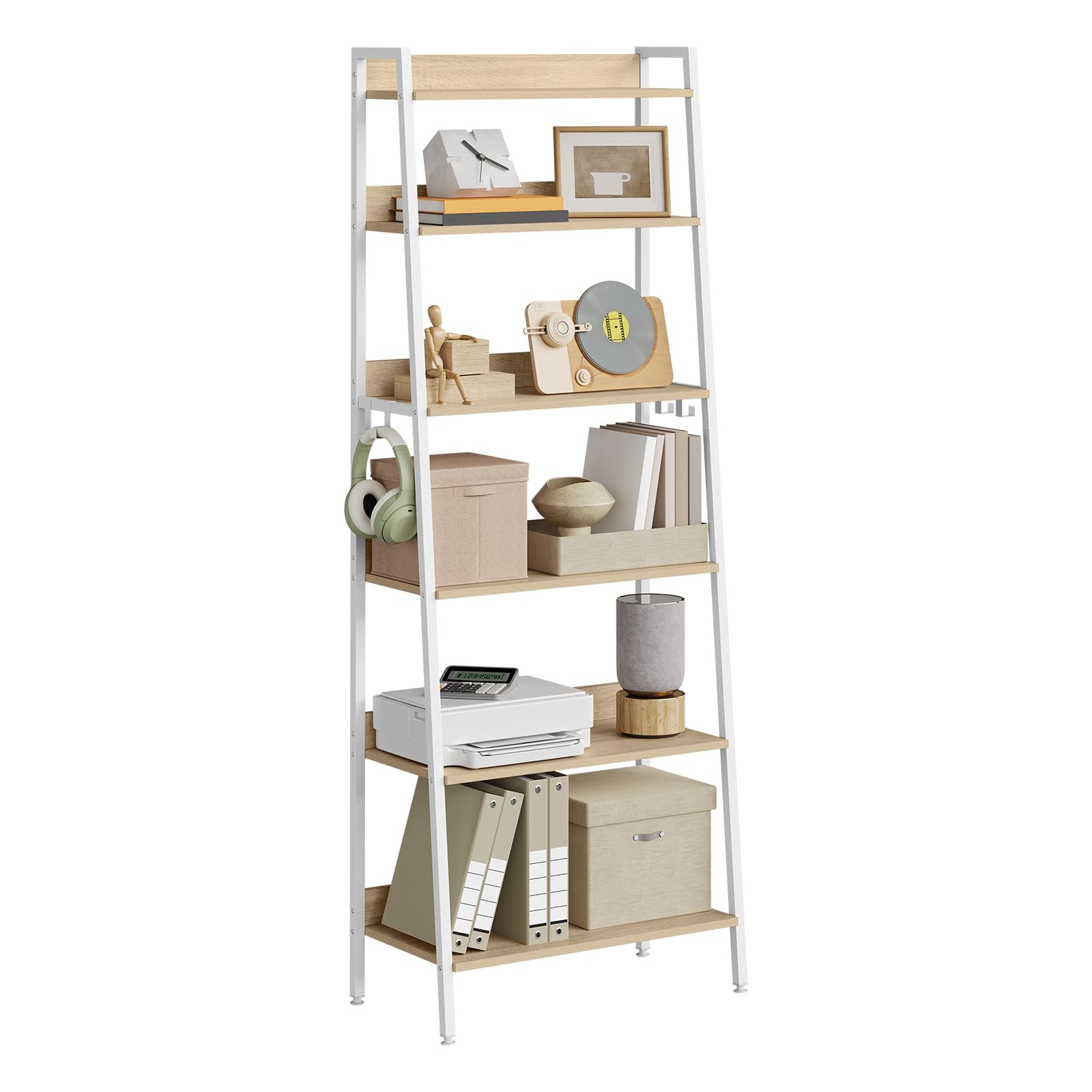 WOLTU Estantería de 6 Niveles, Estantes Madera Almacenaje, con 4 Ganchos, Estanteria Industrial para Salón, Estudio y Cocina, Marco Metálico, 64x36x187,5 cm Roble Claro + Blanco