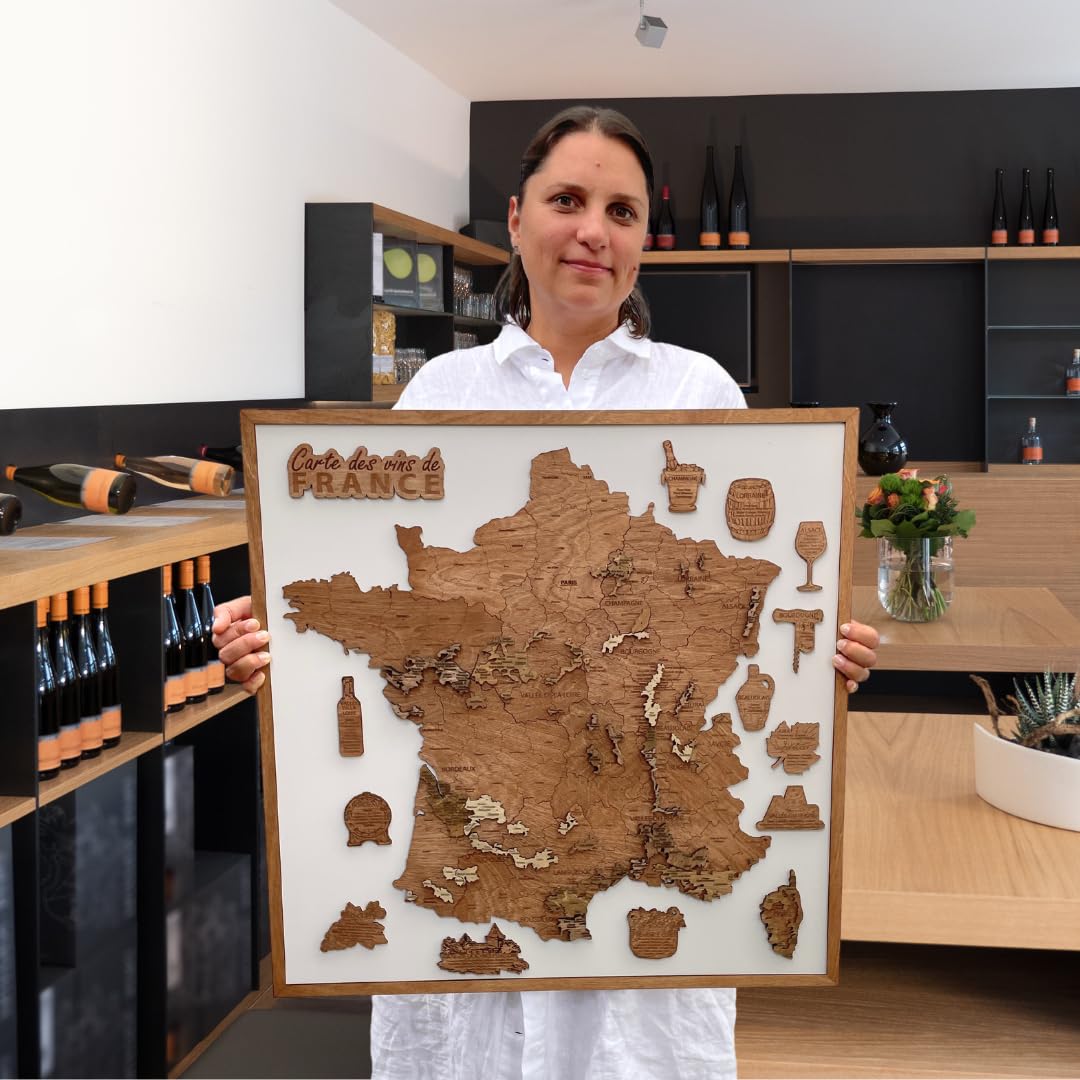Creatifwood Carte des vins de France et des régions viticoles en bois décoration murale - effet 3D unique