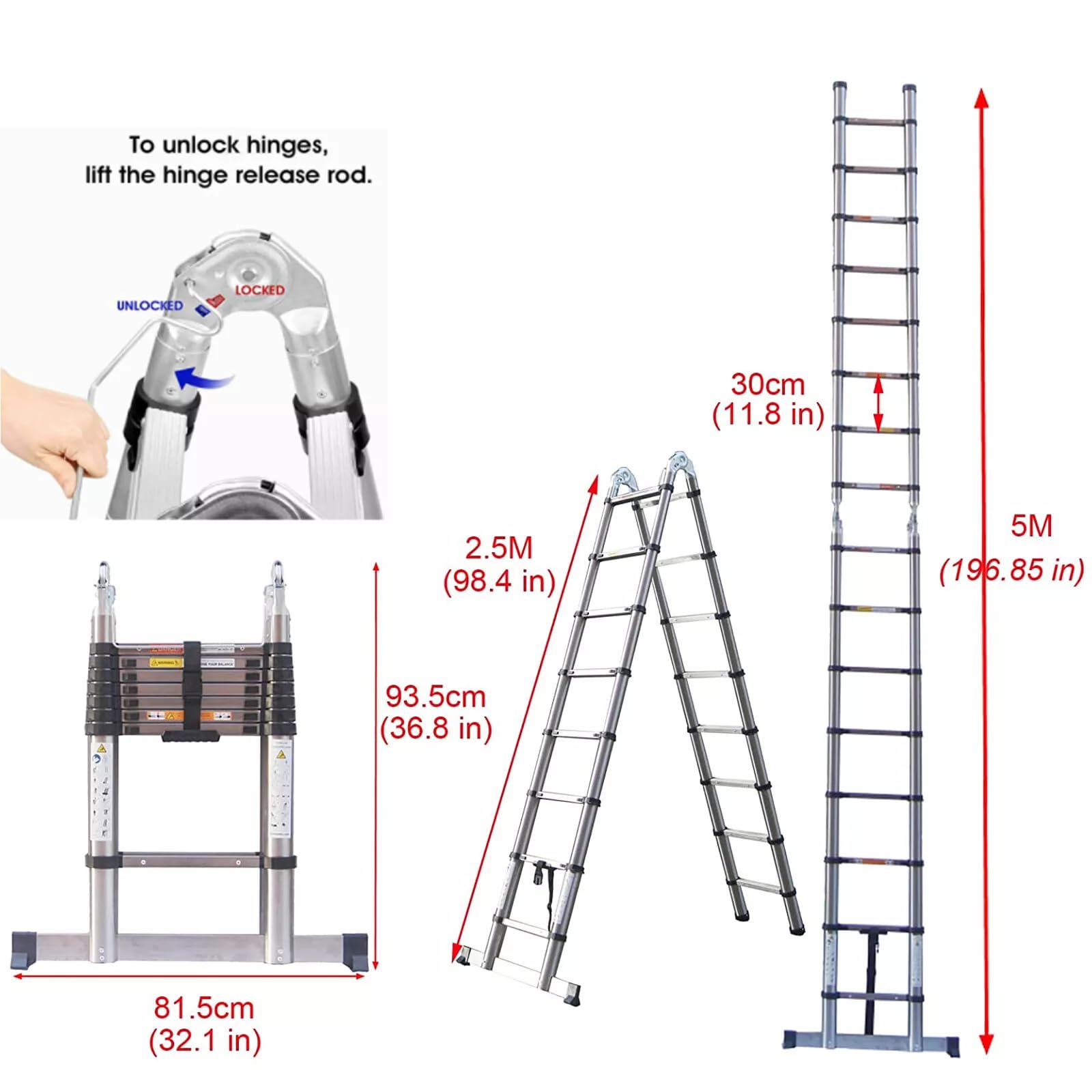 Escalera telescópica de 5 m de grosor, extensible, plegable, con marco en A, antideslizante, con barra estabilizadora, de acero inoxidable (2,5 m + 2,5 m), más fuerte que otras