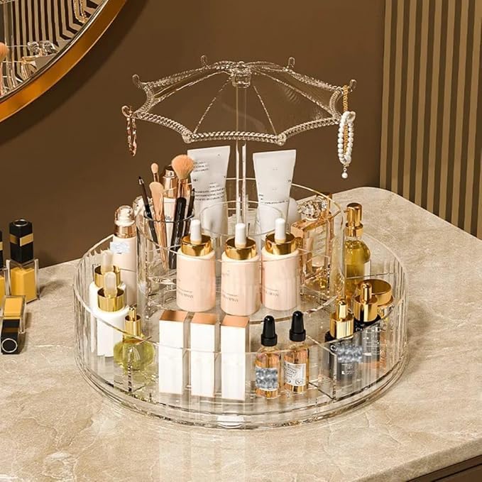 360 Rotating Makeup Organizer with Umbrella Design, 2 Layers Adjustable Carousel Large Capacity Revolving Perfume Organizer, Skincare Cosmetic Storage, Spinning Holder for Vanity