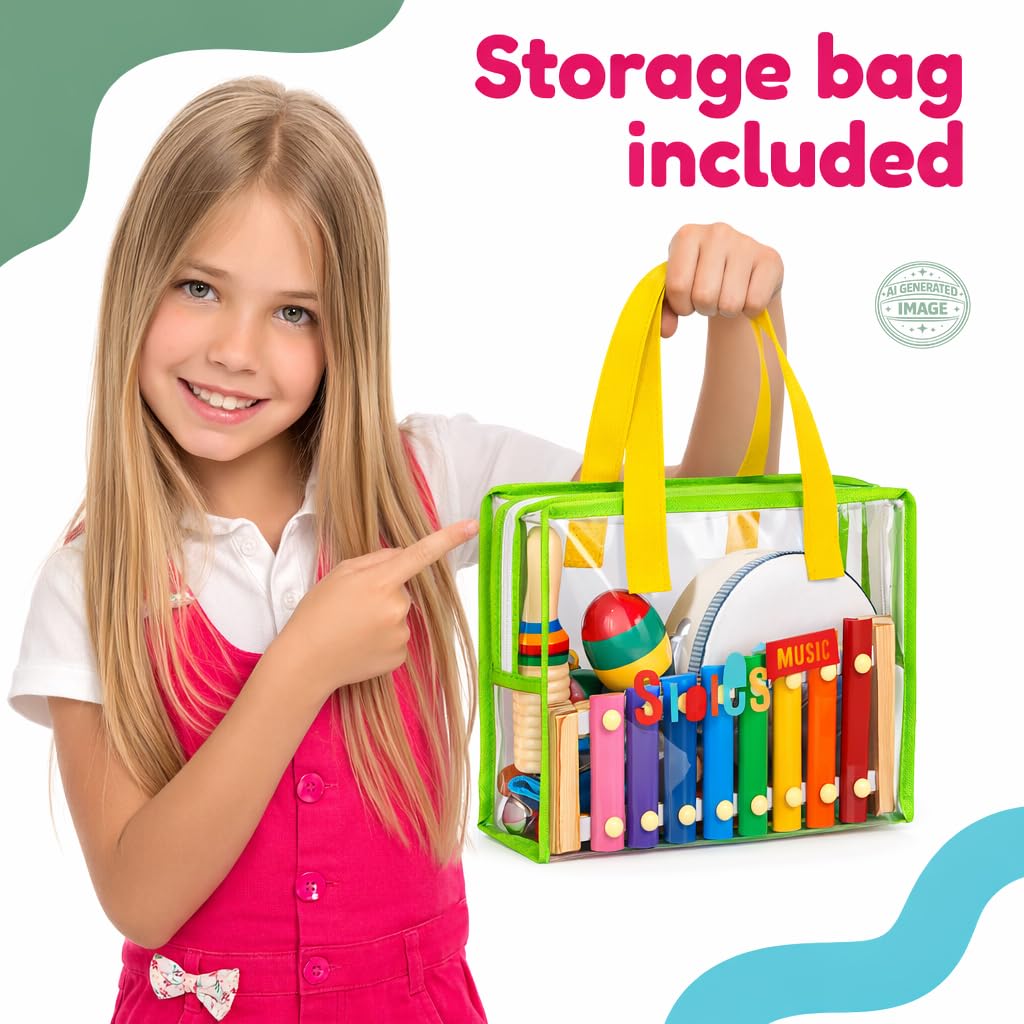 Stoie's Ensemble d’Instruments de Musique pour Enfants – Instruments de Percussion en Bois pour Tout-Petits, Xylophone, Tambourin, Maracas, Jouets musicaux pour Enfants 3–5 Ans