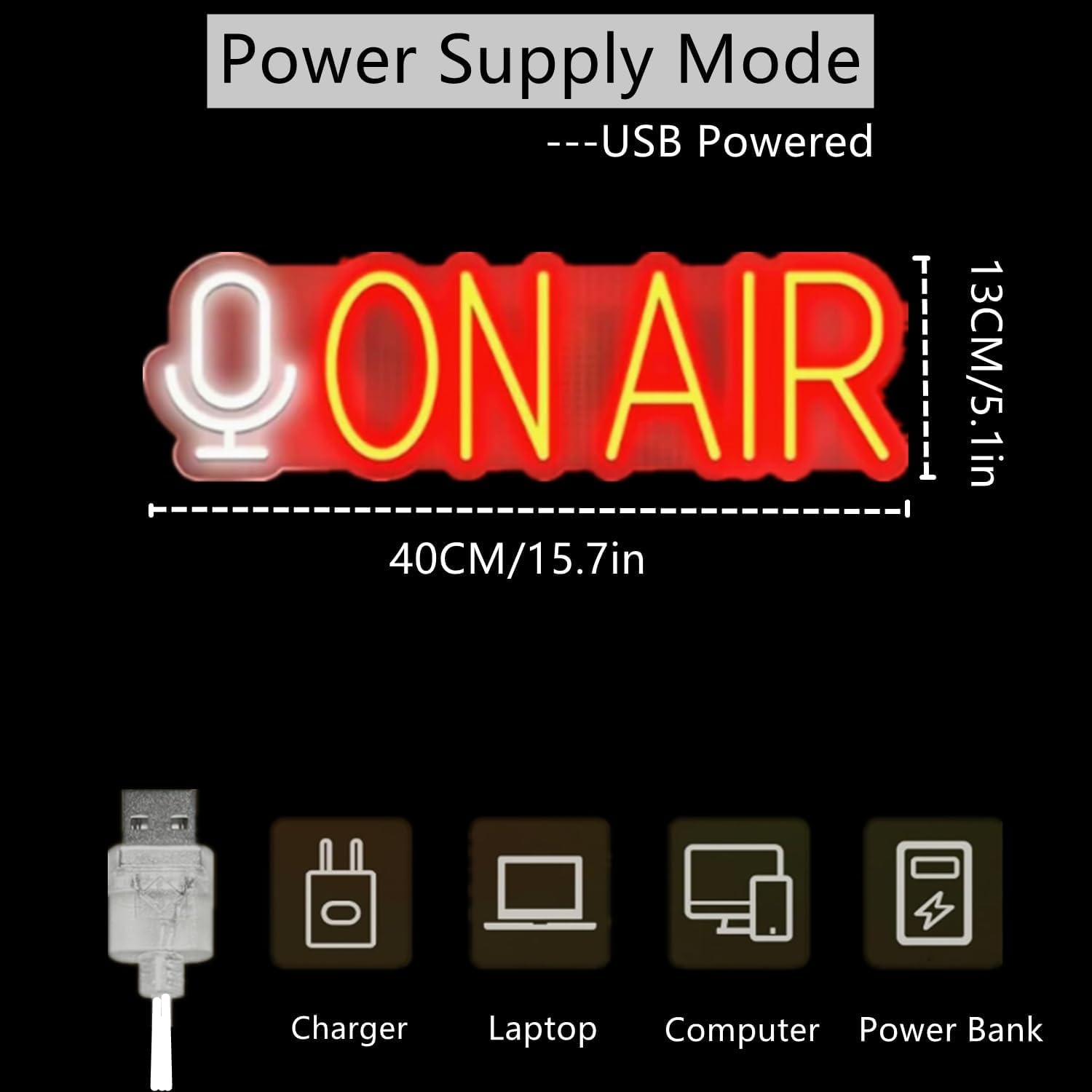 Neonowy szyld świetlny LED z akrylu On Air, lampy sztuki ściennej z przełącznikiem z możliwością ściemniania i 55 cm długim łańcuchem do zawieszania dla stacji radiowych, biura, sklepu, restauracji