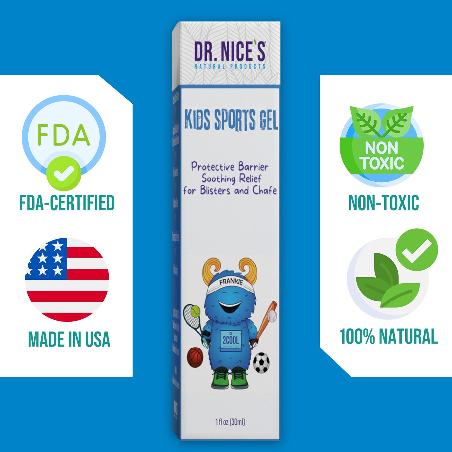 DR. NICE'S Kids Sports Hydrogel for Blister Care, Chafed Skin Relief, Scrapes, Minor Cuts, Wounds, Burns - Soothing Cooling First Aid Gel for Raw & Irritated Skin - Natural, Made in USA - 30 ML — Amazon image 9
