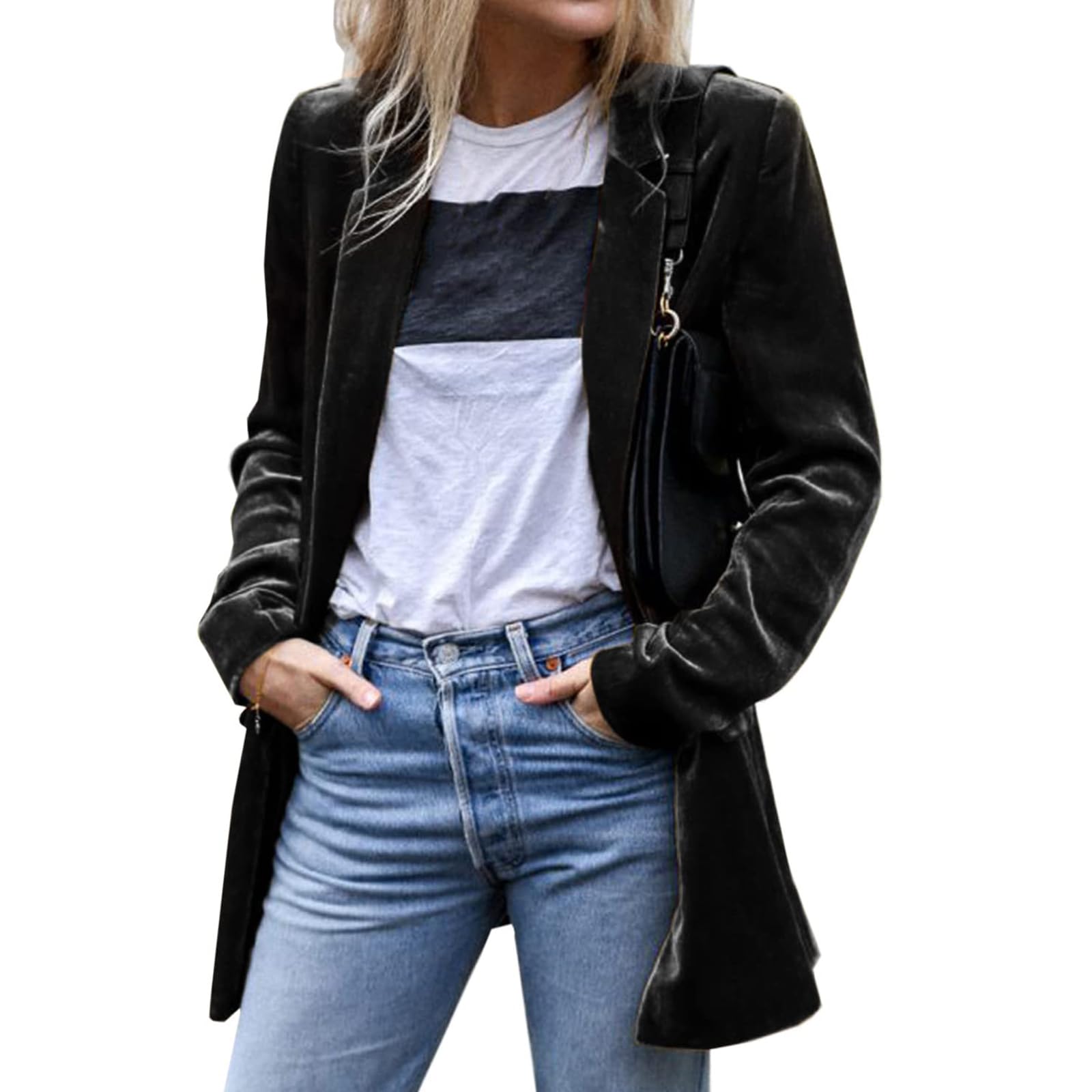 Womens Velvet Blazer Jackets Casual Work Office Long Sleeve Blazer Open Front Suit Cardigan Solid Mid-Length Coats