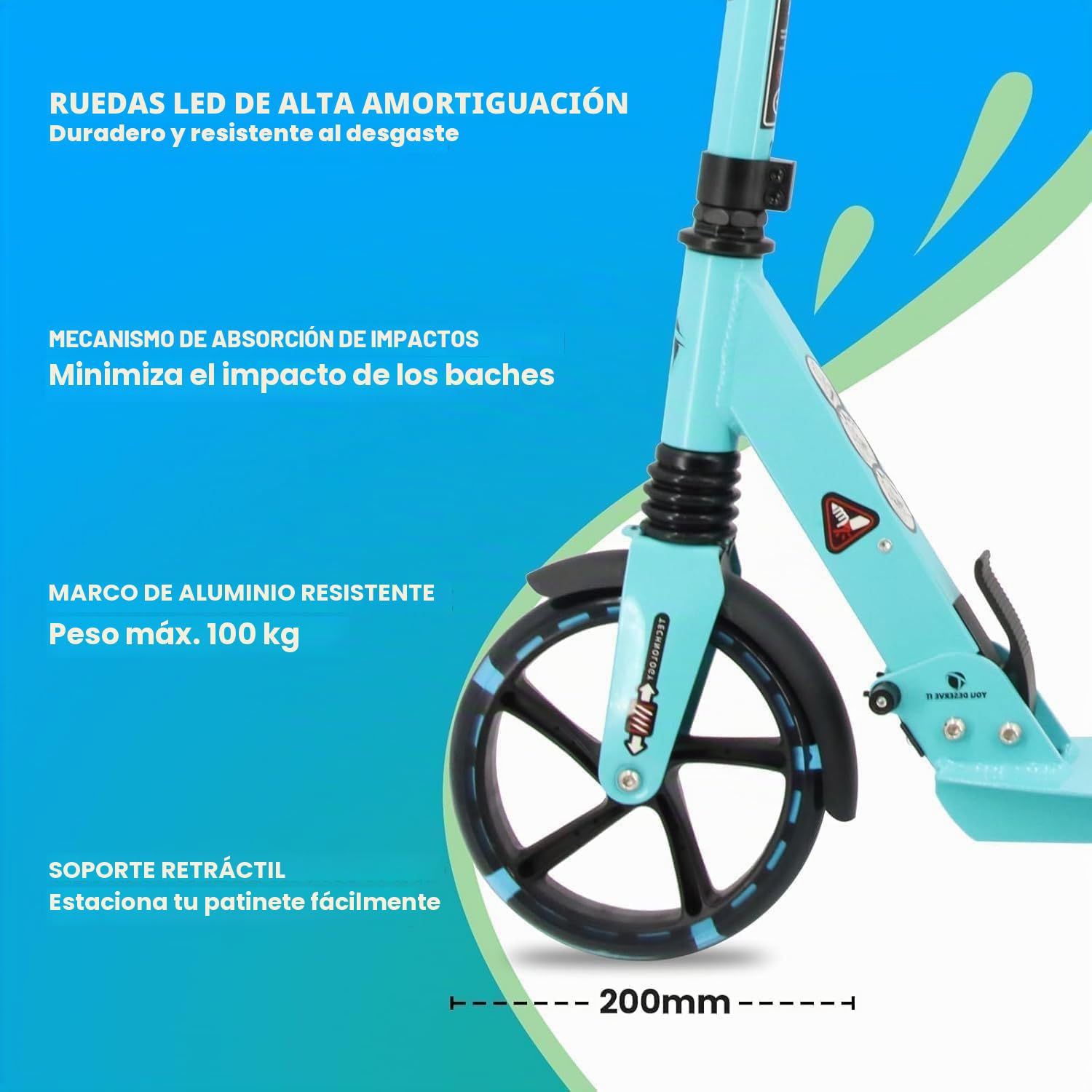 Patinete para niños de 8 a 12 años en adelante, freno de mano plegable rápido para adultos, patinete con correa de transporte y altura ajustable, ruedas grandes de 200 mm para adultos y adolescentes