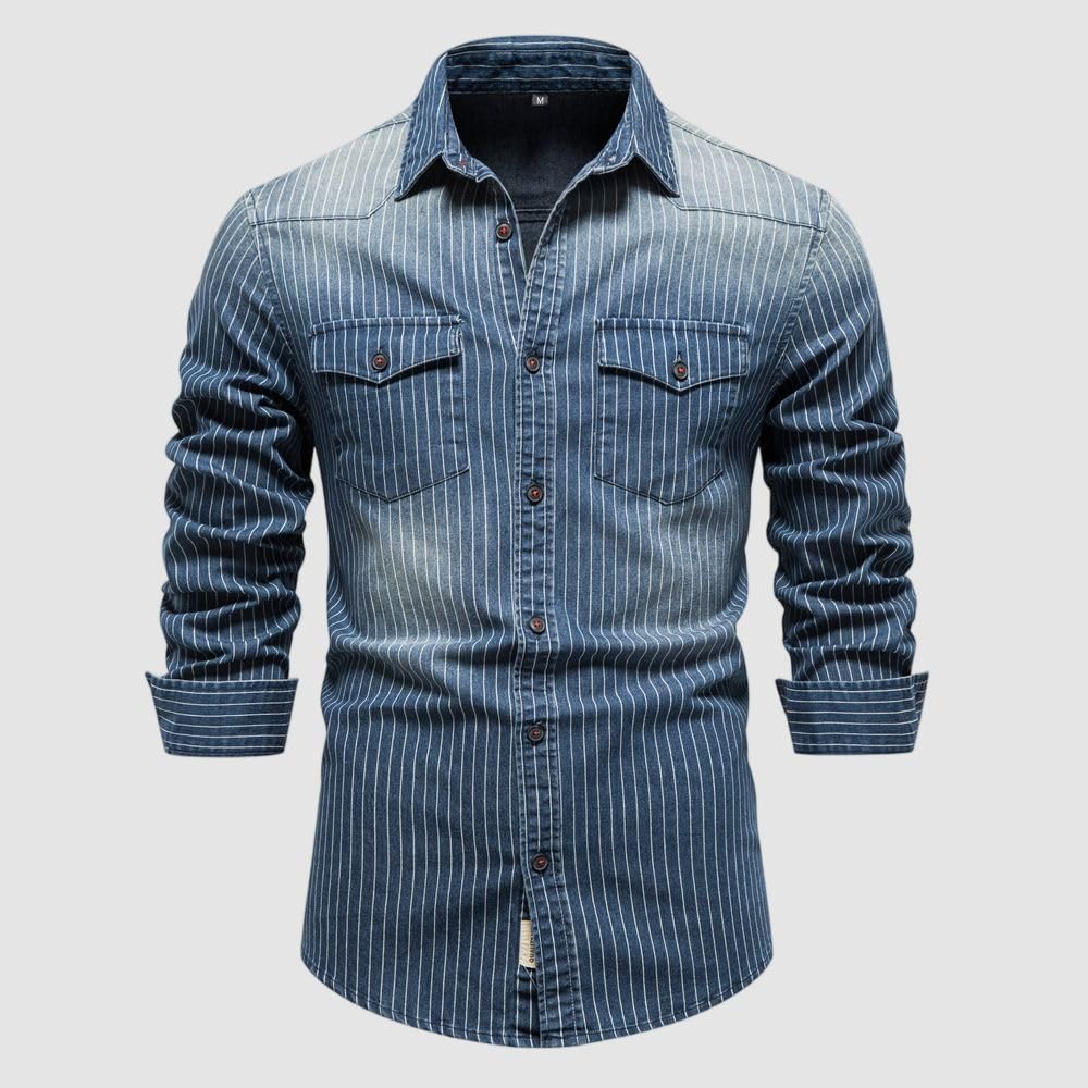 Camicia da uomo a maniche lunghe in denim a righe slim fit lavato vintage slavato multitasche